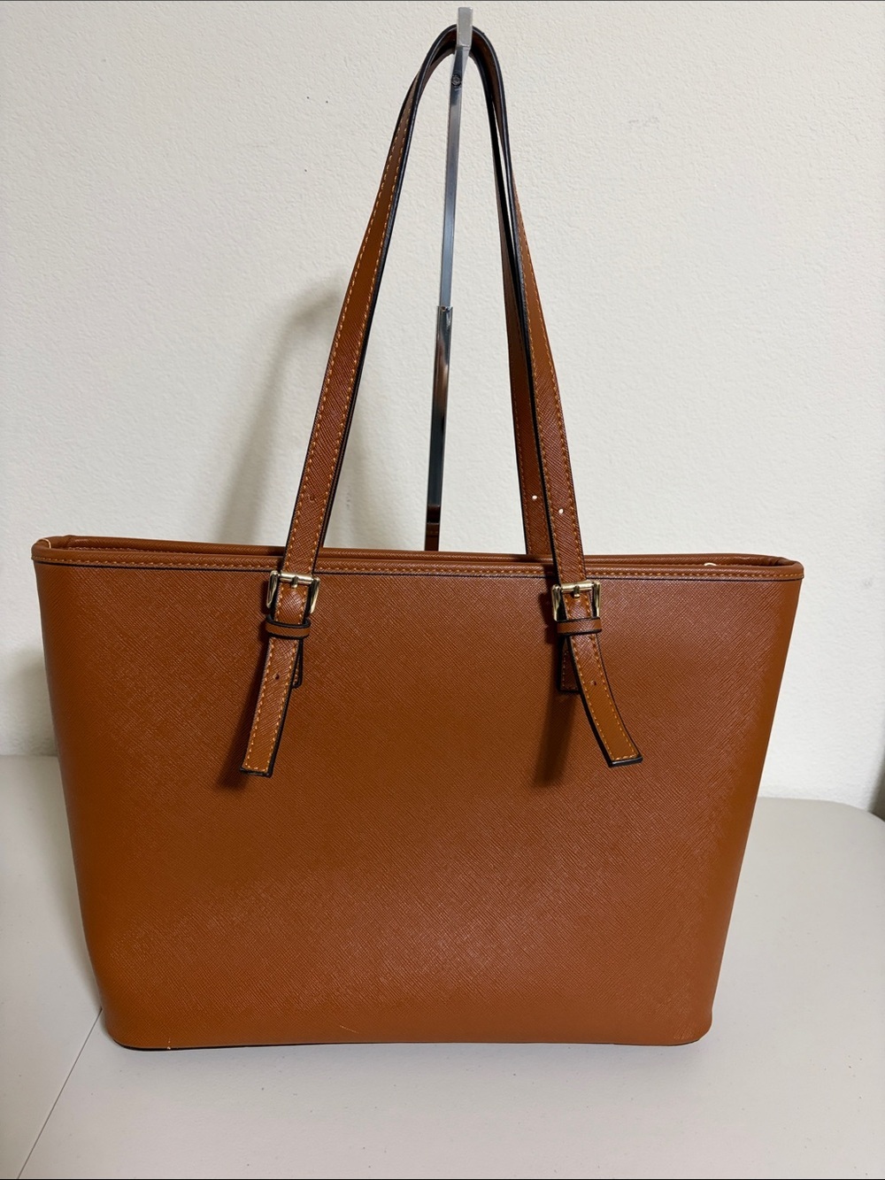 Fashion Tote Bag with Double Shoulder Strap and buckle accents Cognac